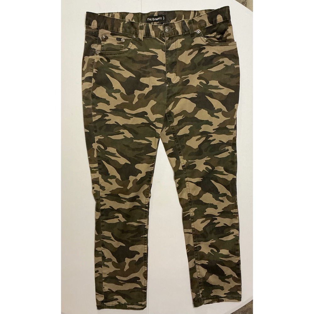 VTG Y2K Five Elementz Mens Camo Skinny Fit Pants 36x27 Green Woodland